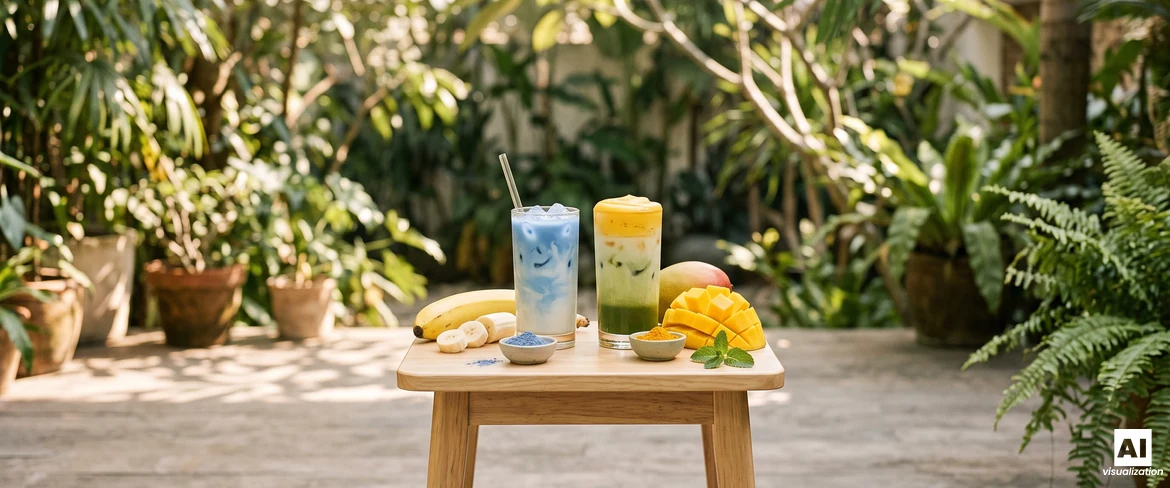 Blauwe matcha met banaan en een gelaagde mango-matcha latte met geel schuim, naast een verse banaan en in blokjes gesneden mango.
