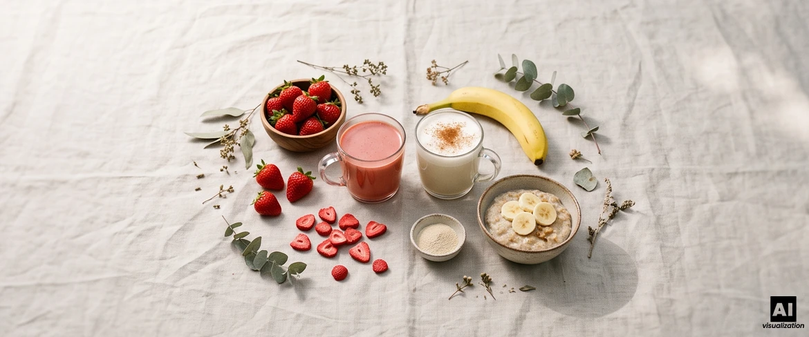 Rode matcha in een mok als aardbeienlatte en een bananenlatte met kaneel, naast aardbeien, een banaan en havermoutpap.