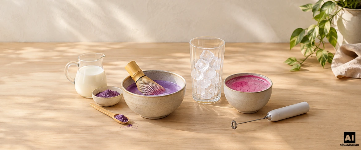 Kleurrijke matcha bereiden: paarse ube in een kom met een chasen-klopper, een roze drankje, melk, ijs en een elektrische melkopschuimer.