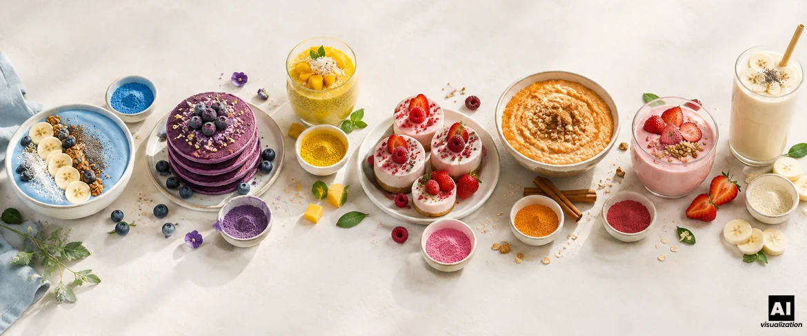 Kleurrijke poeders in de keuken: een blauwe smoothie bowl, paarse ube-pannenkoeken, mangopudding en roze mini-cheesecakes.