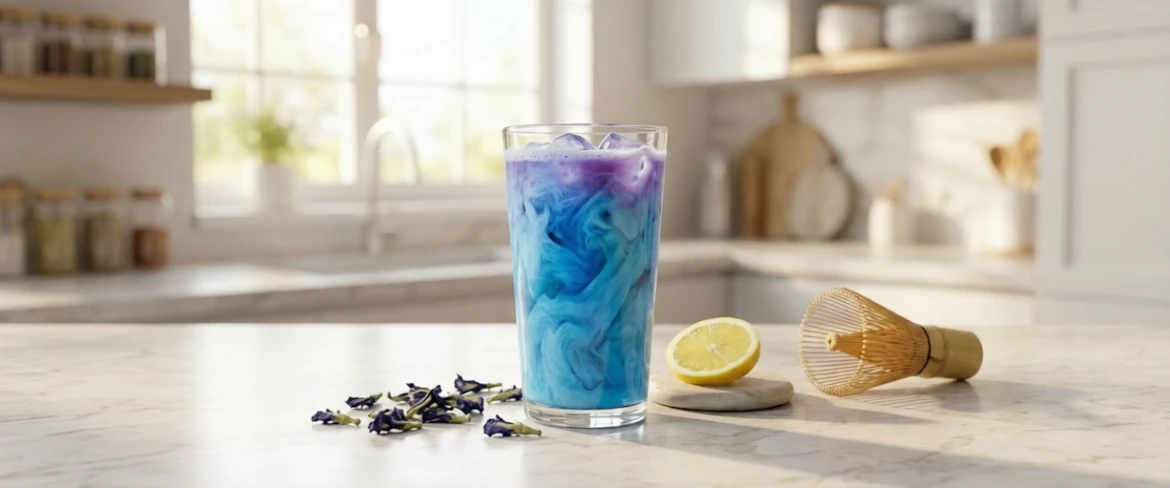 Wat is blauwe matcha en hoe ziet het eruit? Blauwe matcha van clitoria ternatea, geserveerd met citroen