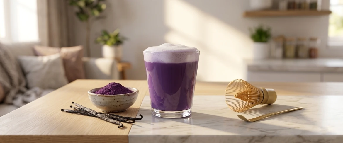 Wat is ube? Paarse matcha, bereid in een glas met melk