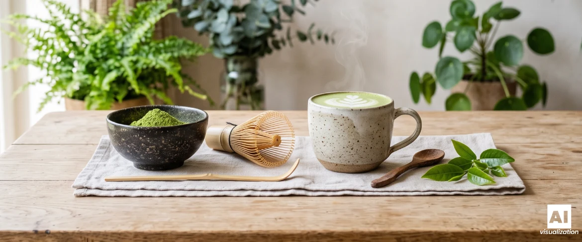 Matcha latte met melk in een keramisch kopje, een schaaltje met matchapoeder en een bamboe-klopper.
