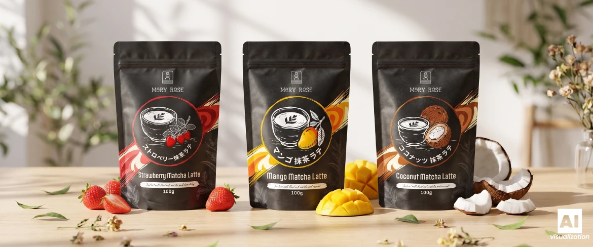 Verpakkingen van Mary Rose Strawberry, Mango en Coconut Matcha Latte op een houten tafel.