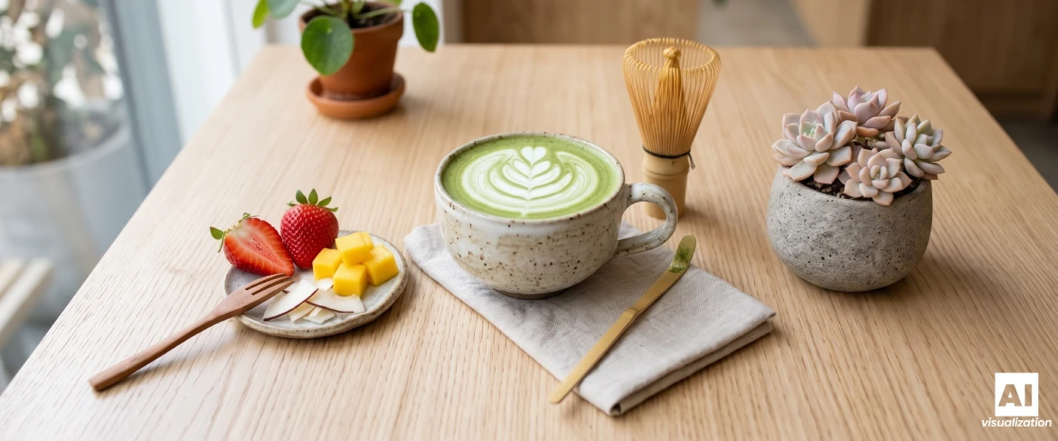 Matcha latte met melk, een bamboegarde en aardbeien, mango en kokos op een tafel.