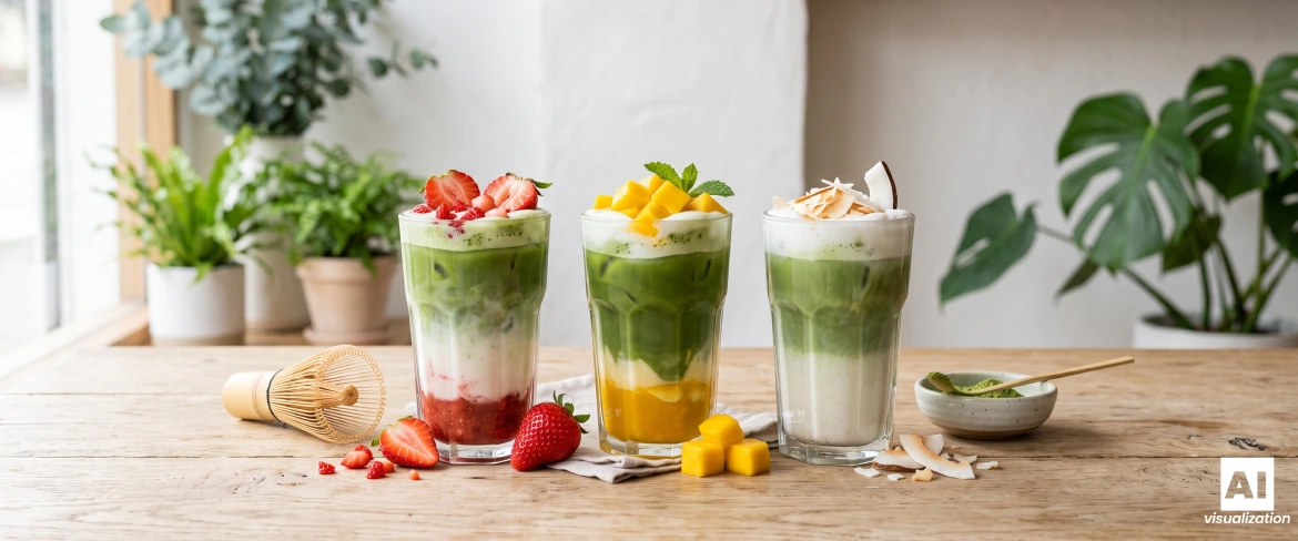 Kleurrijke, gelaagde matcha lattes met aardbei, mango en kokos in glazen.