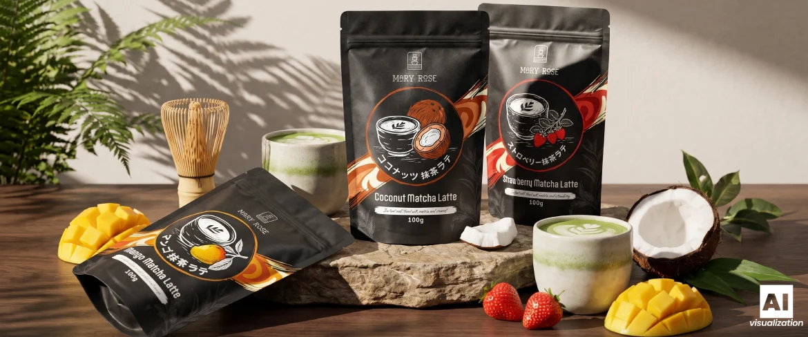 Mary Rose matcha latte-producten in drie smaken, inclusief een drankje, fruit en een bamboe-klopper.