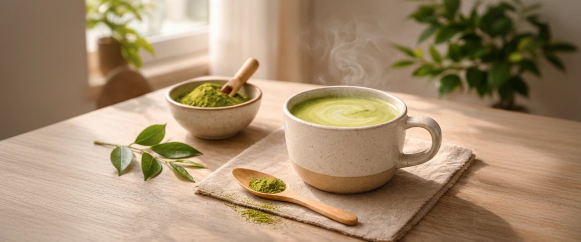 Matcha latte – wat is dat? Groene matcha-thee met melk, geserveerd in een kopje