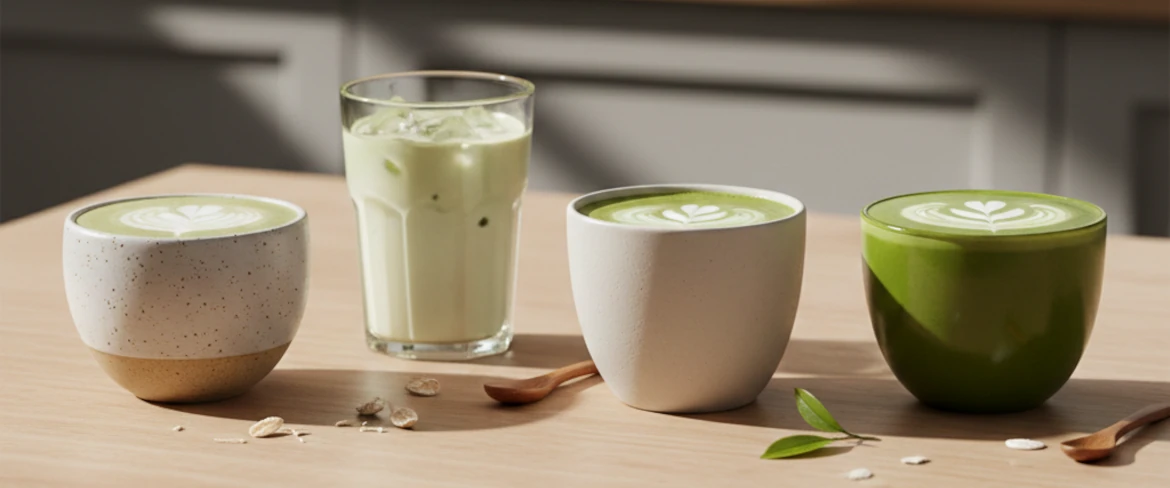Matcha latte met verschillende soorten melk – haver, kokos en amandel