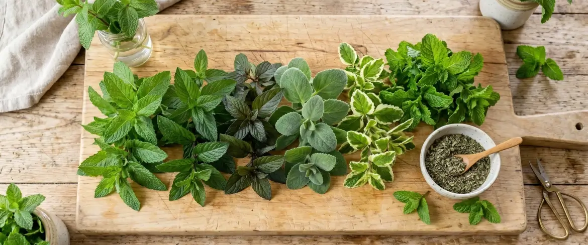 Een snijplank voor in de keuken met verschillende soorten munt