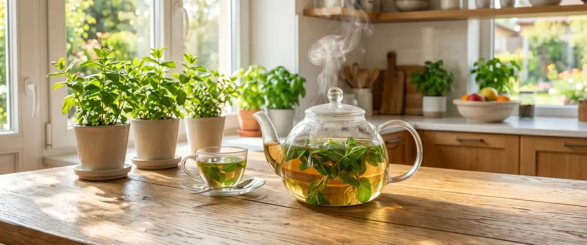 Verse groene munt die trekt in een glazen theepot