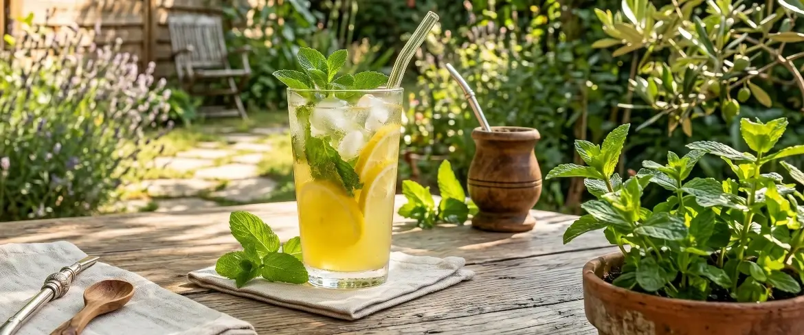Verfrissende koude limonade met ijs naast een traditionele mate-kalebas – wat kun je in de zomer met munt doen?