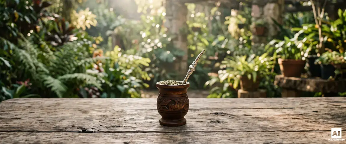 Houten mate-kalebas met sterke yerba mate en een bombilla tegen een achtergrond van groen gebladerte.