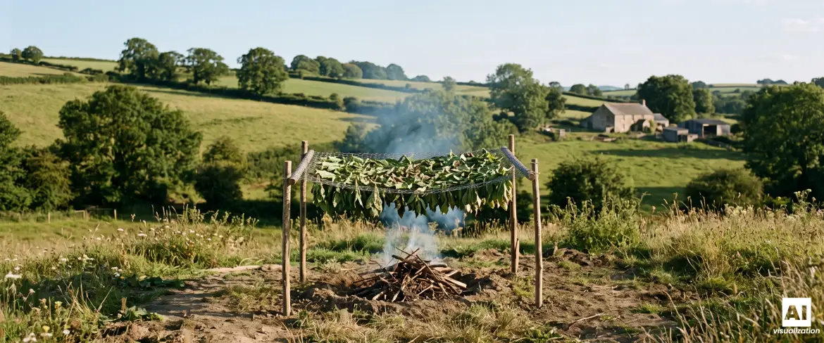 Het drogen van yerba mate-bladeren boven een vuur volgens de barbacuá-methode op het platteland.