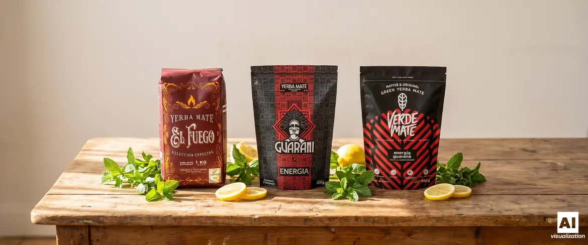 Drie soorten sterke yerba mate met guarana en rookgedroogde bladeren op een houten tafel.