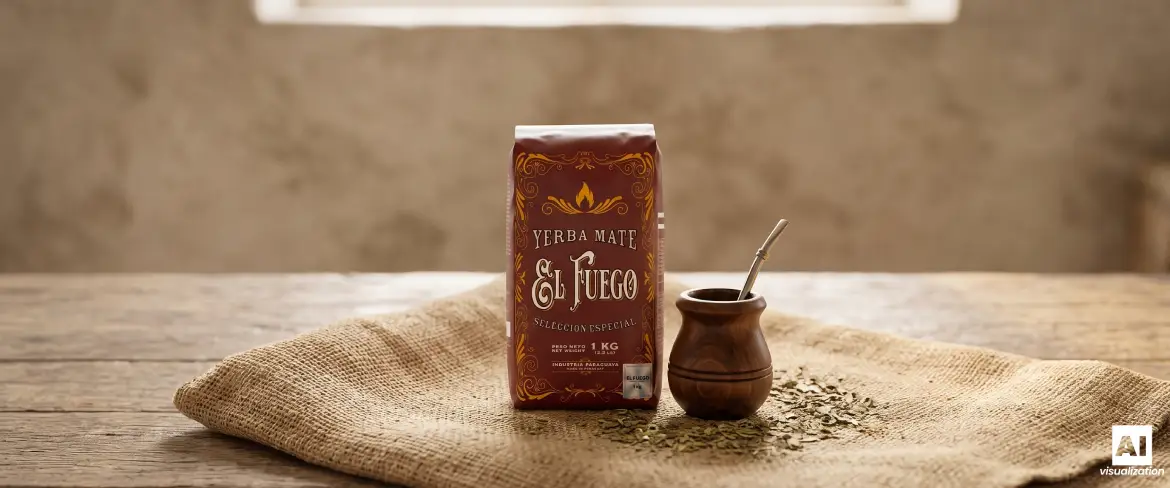 El Fuego Elaborada 1 kg en een mate-kalebas met yerba mate, verpakt in traditioneel jute-doek.
