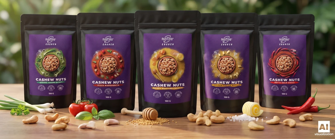 Vijf verpakkingen Nustino Crunch: geroosterde cashewnoten met smaaktoevoegingen.