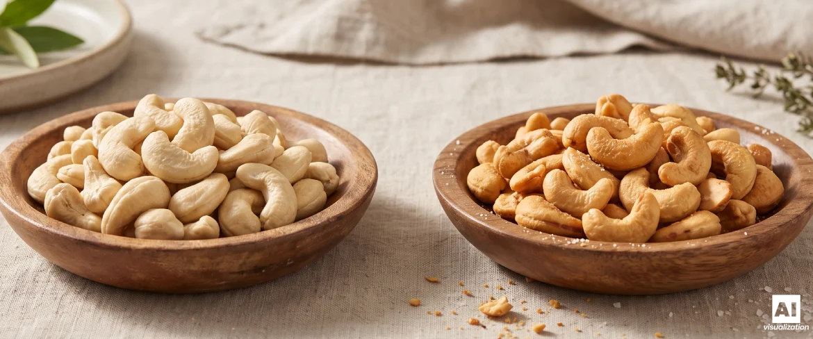 Natuurlijke en geroosterde cashewnoten in houten schalen.