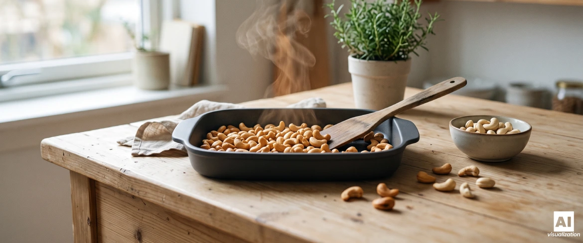 Geroosterde cashewnoten op een bakplaat, tijdens de warmtebehandeling met een houten spatel.
