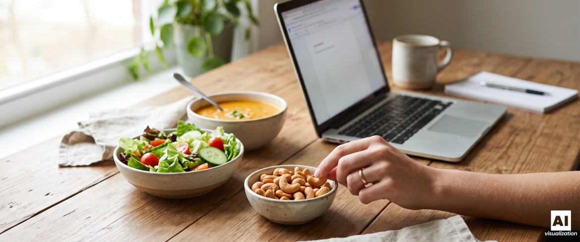 Geroosterde cashewnoten in een kom naast een salade, soep en een laptop.