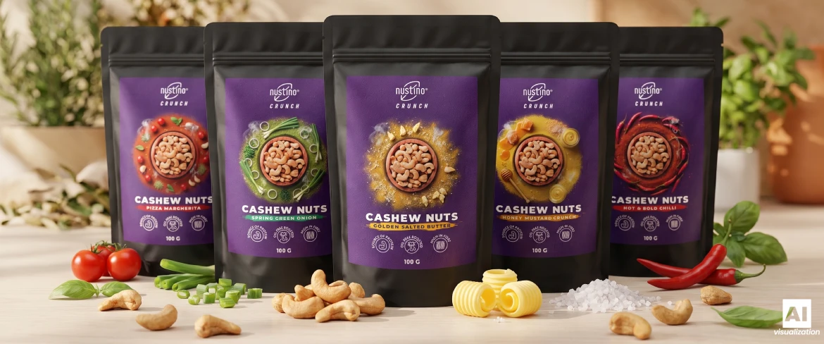 Vijf smaken van de geroosterde cashewnoten van Nustino Crunch.