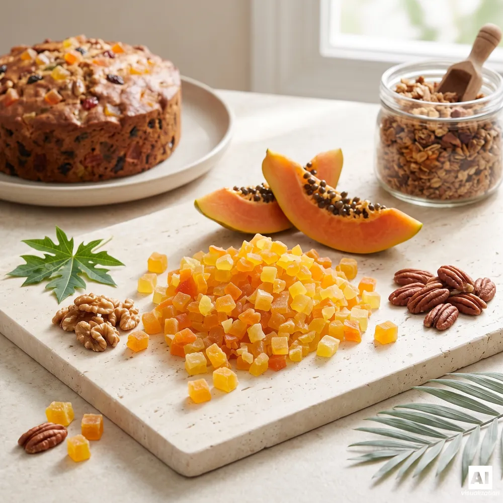Stukjes gekonfijte papaja naast een fruitcake, een pot zelfgemaakte muesli, noten en verse, rijpe papaja.