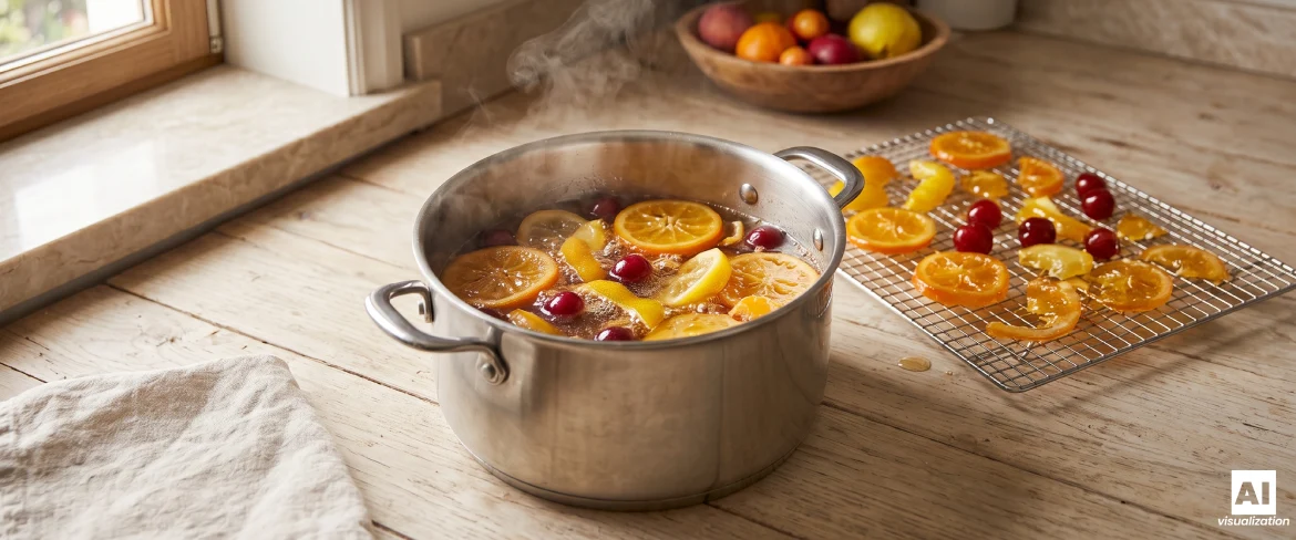 Sinaasappels en veenbessen die tijdens het kandiseren van fruit in suikersiroop worden gekookt, terwijl er naast hen fruit op een rooster ligt te drogen.