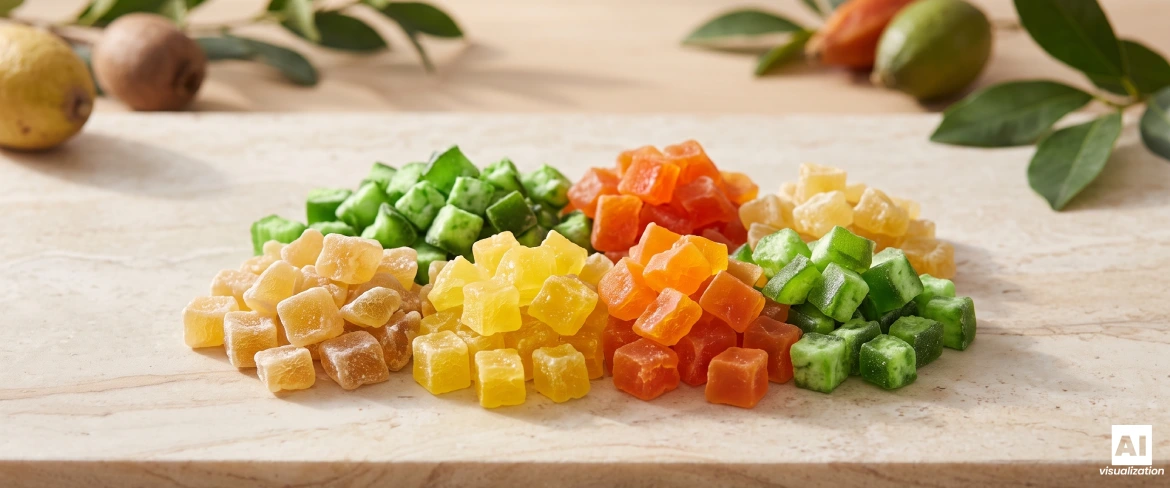 Kleurrijke blokjes gekonfijt fruit – ananas, papaja en pomelo – gerangschikt op een lichtgekleurd stenen keukenblad.