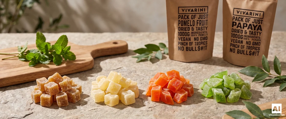 Blokjes gekonfijt fruit naast doypacks met gekonfijte pomelo en gekonfijte papaja van Vivarini op een stenen werkblad.