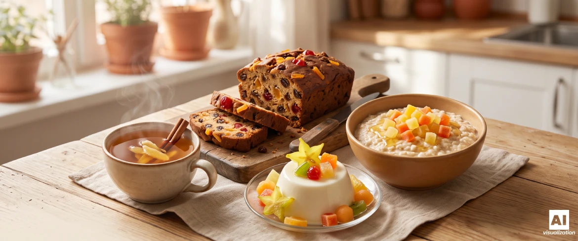 Een taart met gedroogd fruit, geurige thee, panna cotta en pap met gekonfijt fruit op een houten keukentafel.