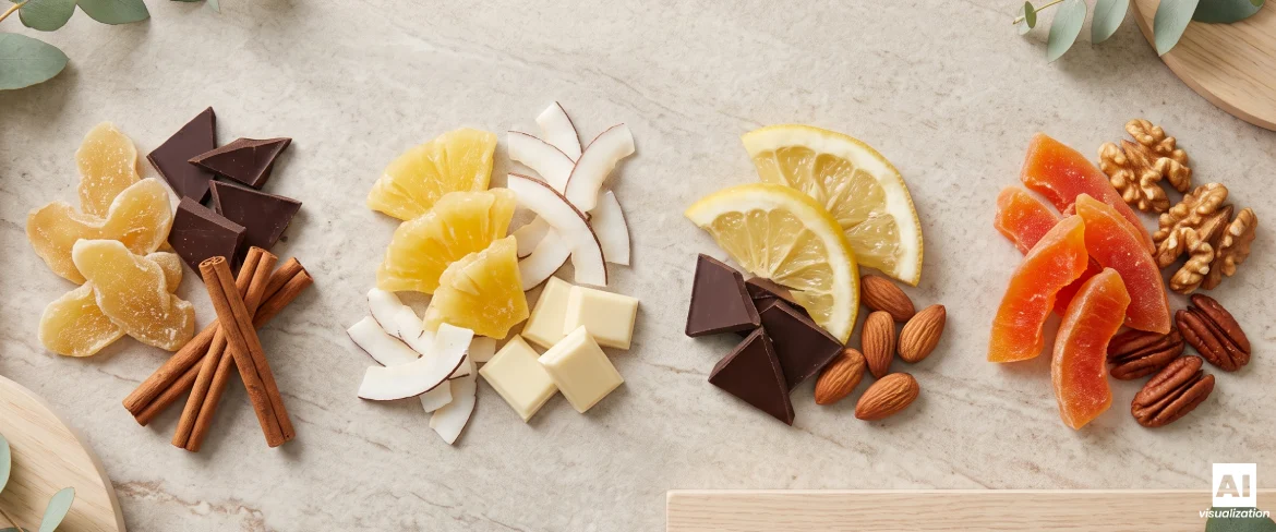 Aanbevolen smaakcombinaties van gekonfijt fruit met chocolade, noten, kokos en verwarmende kruiden.
