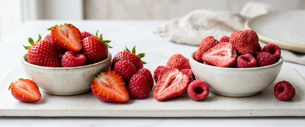 Gevriesdroogde aardbeien en gevriesdroogde frambozen in vergelijking met vers fruit