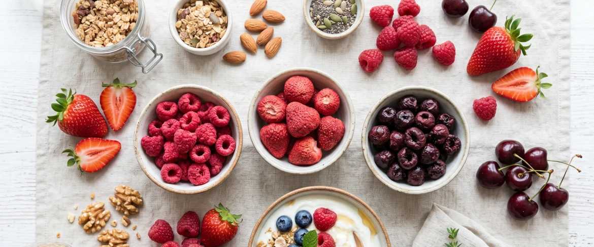 Gevriesdroogd fruit in schaaltjes – gevriesdroogde aardbeien, gevriesdroogde frambozen en gevriesdroogde kersen