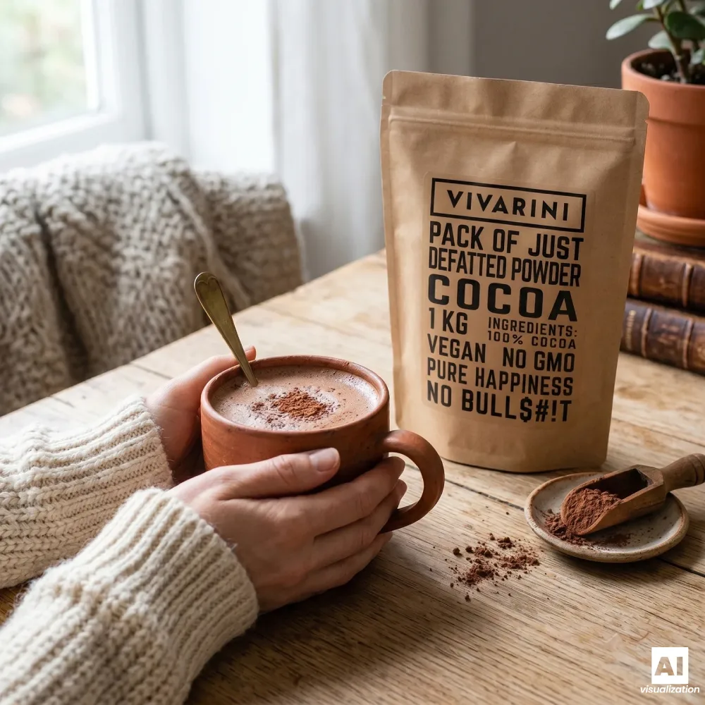 Vivarini-alkalisch cacaopoeder in een kopje cacaodrank.