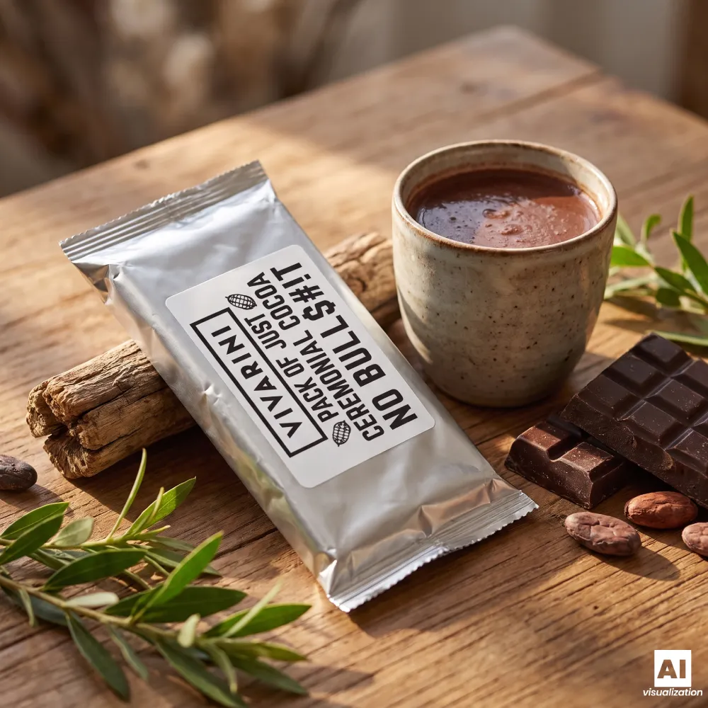 Vivarini Criollo ceremoniële cacao in een zilveren verpakking naast een kopje cacao.