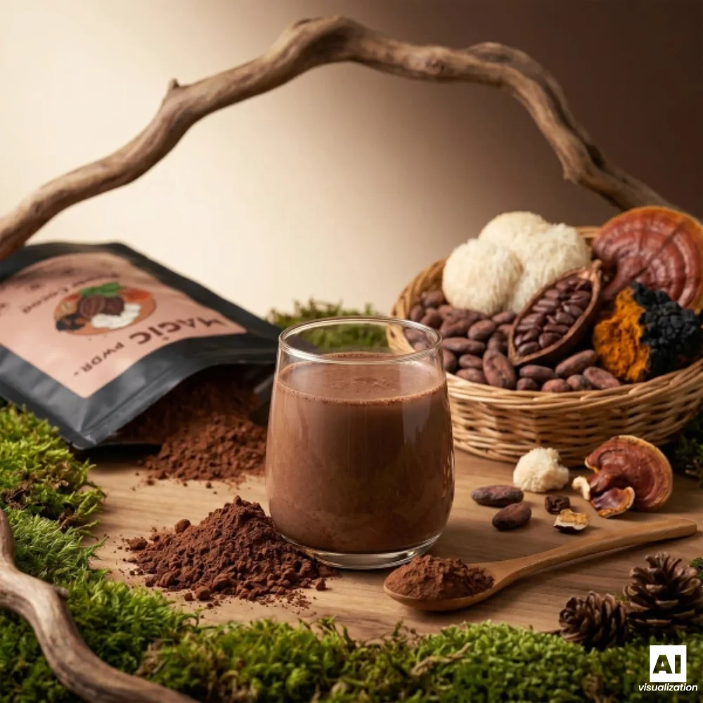 Magic Pwdr Power Cocoa, dat is cacao met paddenstoelenextracten, naast een kopje warme chocolademelk.
