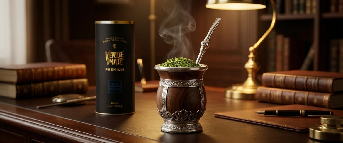 Het traditionele ritueel van het zetten van hete premium yerba mate in een elegante mate-kalebas, naast een tube van het merk Verde Mate