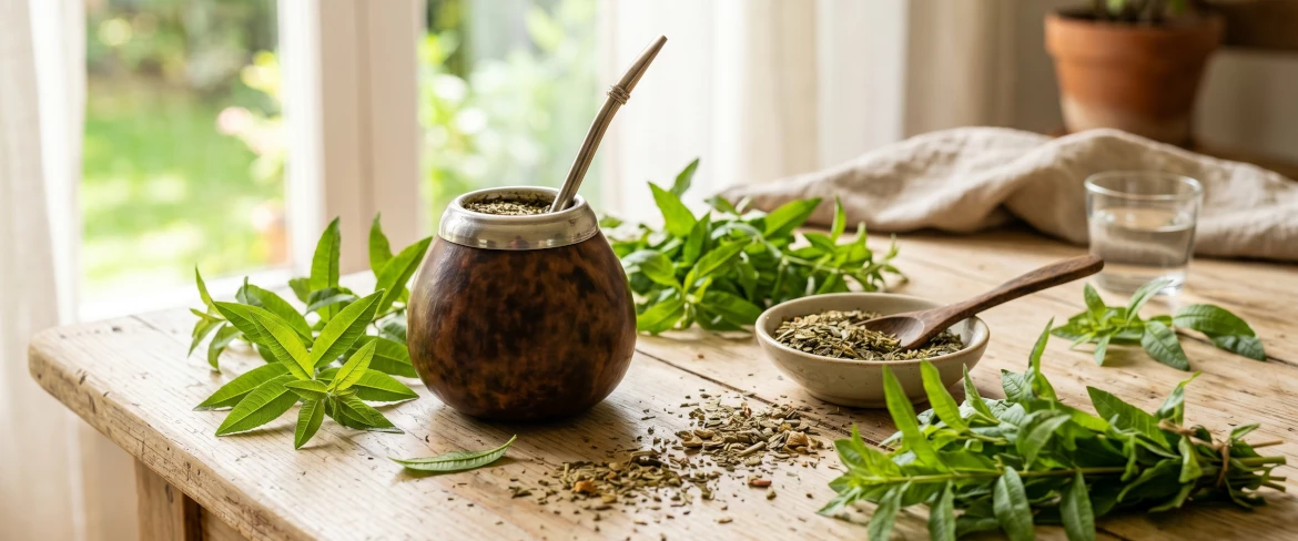 Een yerba mate-kalebas omringd door kruiden. Ontdek aan welke gerechten je citroenverbena kunt toevoegen.