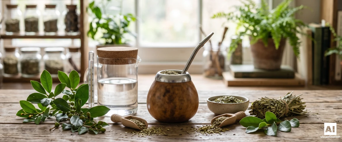 Een mate-kalebas met yerba mate, yerba mate-bladeren, gedroogde yerba mate, water en een thermometer om de drank te zetten.