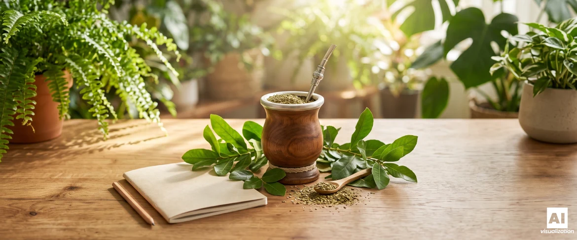 Yerba mate in een houten mate-kalebas met yerba mate-bladeren en een notitieboekje op een tafel.