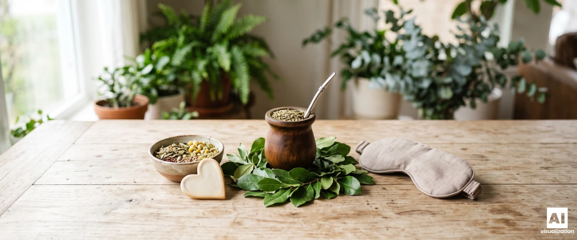 Yerba mate in een mate-kalebas, omringd door bladeren, kruiden en een slaapmasker.