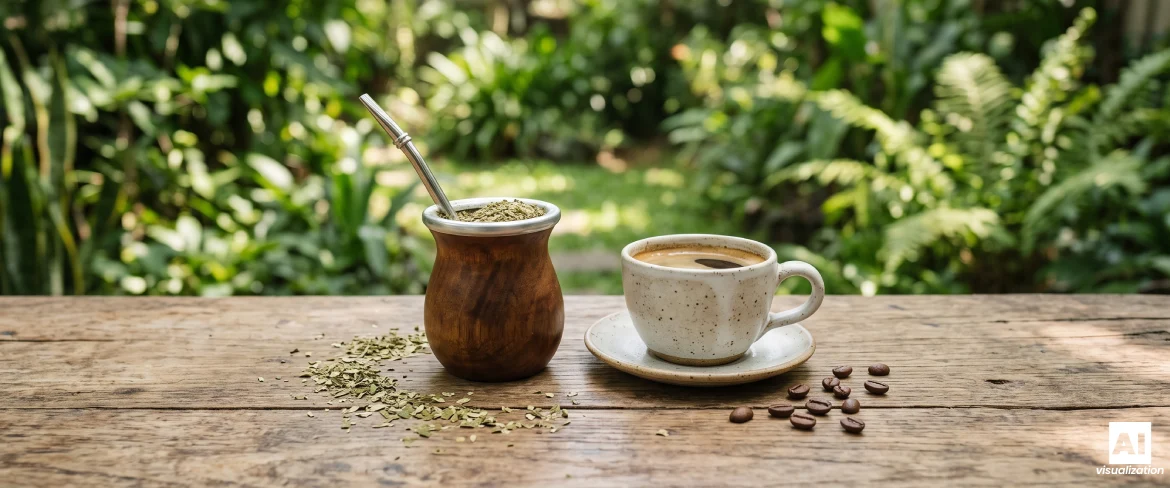 Yerba mate en een kopje koffie staan naast elkaar op een houten tafel.