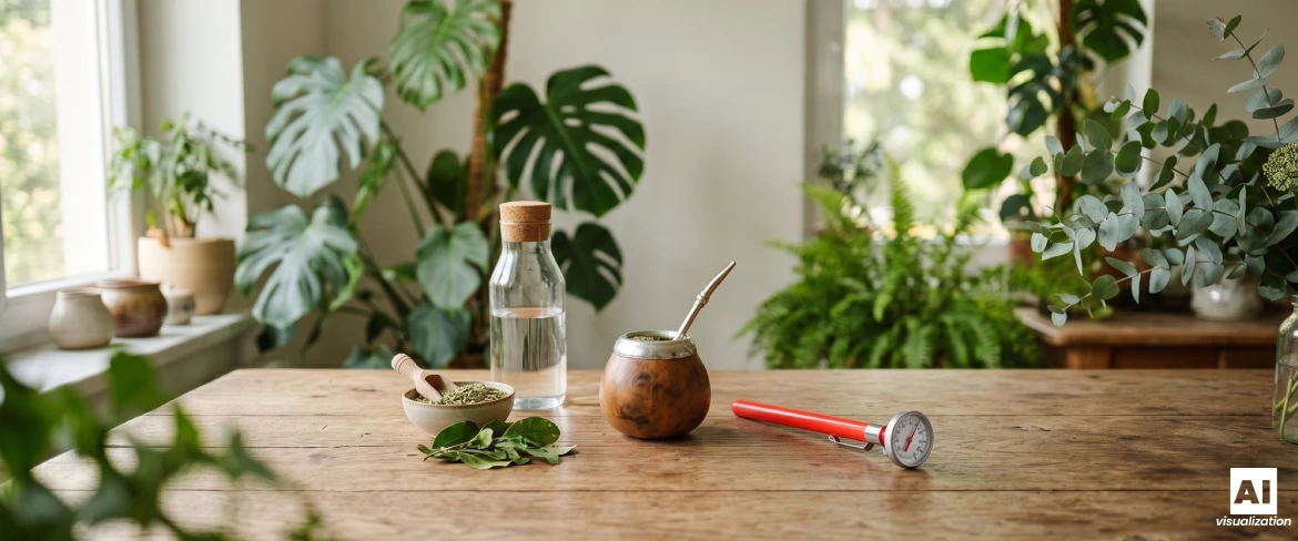 Een mate-kalebas met yerba mate, water, gedroogde yerba mate en een thermometer om de temperatuur van de aftreksel te meten.