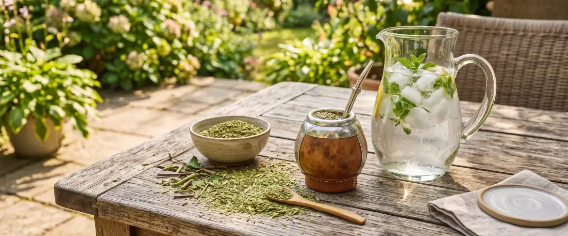 Yerba mate-bladeren en een glazen kan met ijskoud water