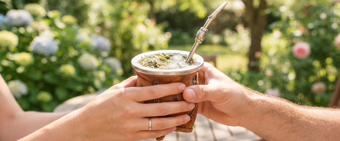 Twee mensen die samen van een kalebas ijskoude tereré genieten in een zonnige, groene tuin