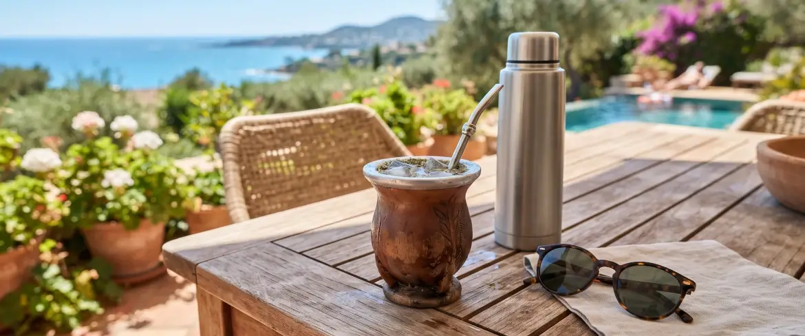 Zomerse ontspanning op een terras met een thermoskan en een mate-kalebas