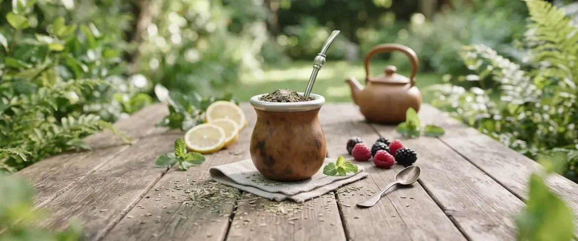 Een mate-kalebas met yerba mate op een houten tafel, met citroen en munt ernaast, wat een natuurlijke setting voor de drank creëert.