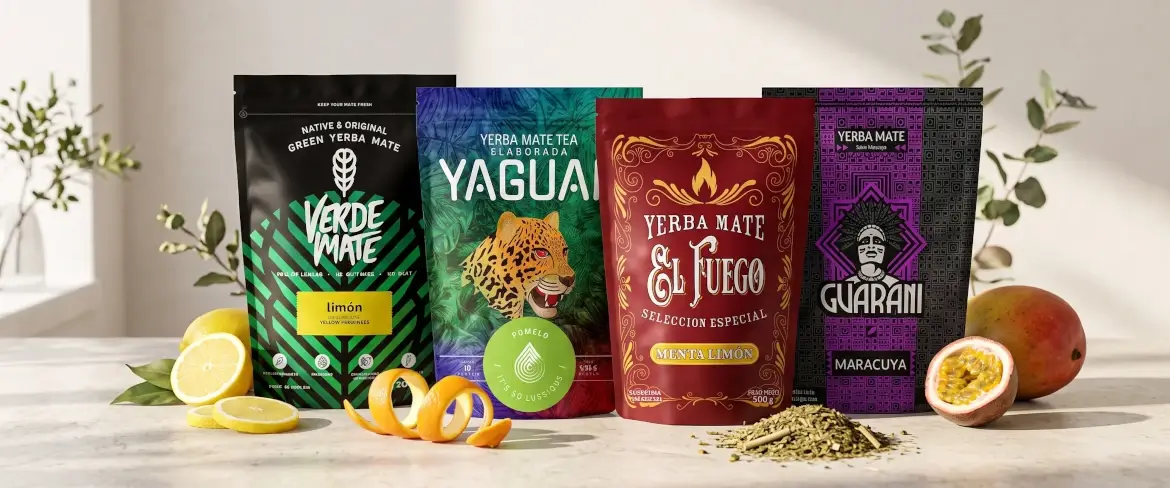Doypacks met yerba mate in verschillende smaken met fruit, waaronder citrus en fruit-yerba mate.