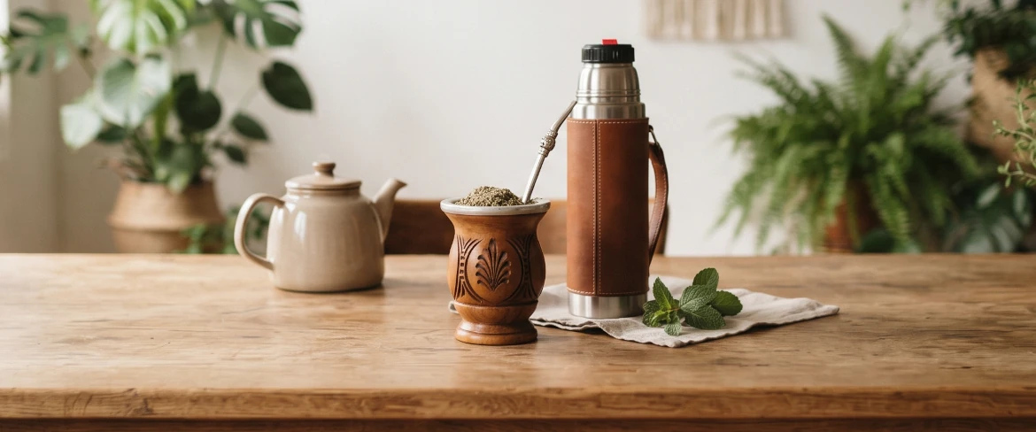 Een mate-kalebas met yerba mate, een thermoskan en zetbenodigdheden op een tafel, ter illustratie van een dagelijks yerba mate-ritueel.