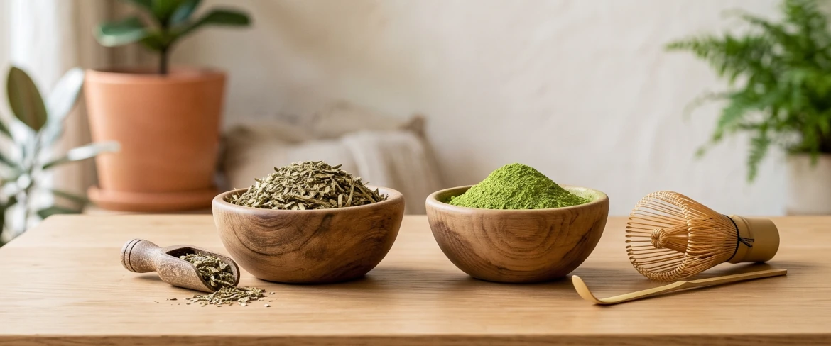 Matcha-groene thee versus yerba mate: houten kommen met gedroogde yerba mate-bladeren en groen matcha-poeder.